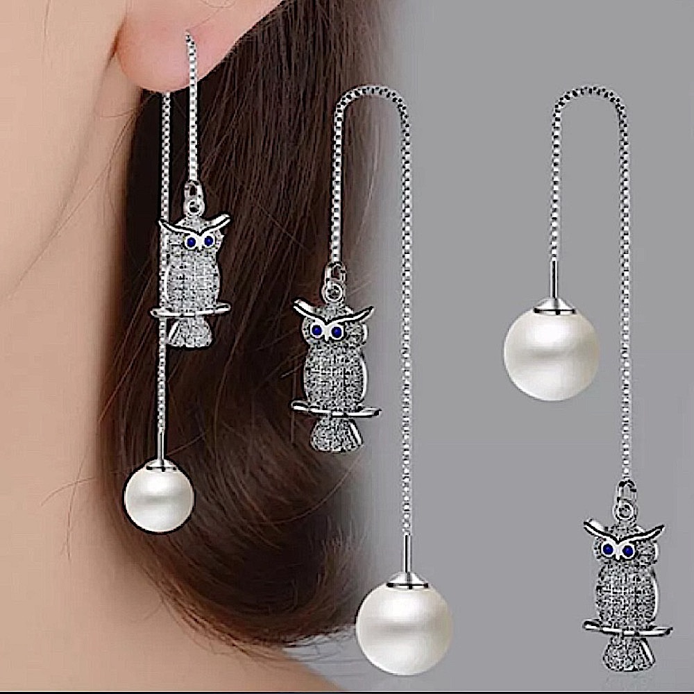 Sterling Silver Owl, Pearl Long Earrings